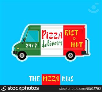 Pizza bus delivery. Pizza bus isolated. Food delivery truck. Delivery van. Commercial service vehicle. Side view. Vector illustration