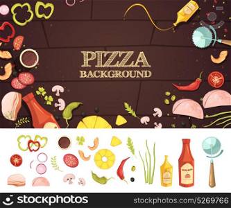Pizza Cartoon Style Concept. Pizza cartoon style concept with ingredients on brown background and set of vegetables isolated vector illustration
