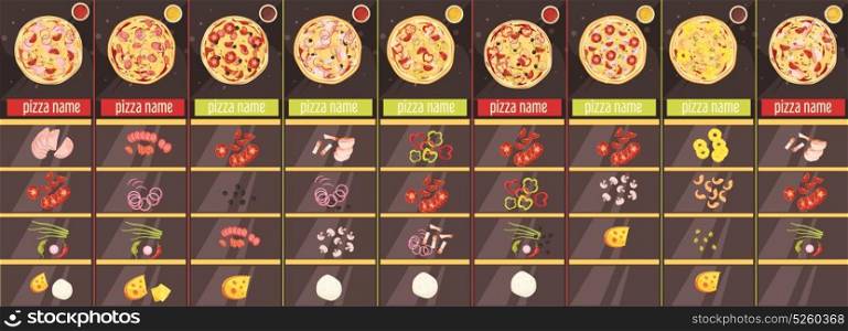Pizza Cartoon Style Menu Template. Menu template in cartoon style with baked pizza ingredients and sauces on brown background isolated vector illustration