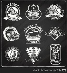 Pizza Chalkboard Emblems Set . Pizza chalkboard emblems set with classic baked pizza symbols flat isolated vector illustration