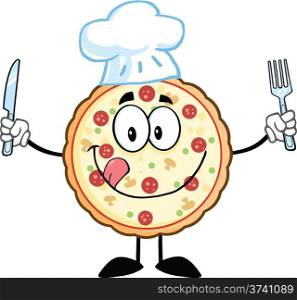Pizza Chef Cartoon Mascot Character With Knife And Fork Illustration Isolated on white
