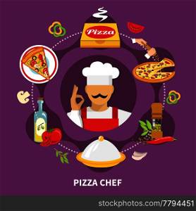 Pizza chef composition with images of pizza pieces cardboard box sauces ingredient slices and cook character vector illustration. Pizza Man Round Composition