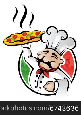 Pizza Chef. Illustration of an italian cartoon chef with a freshly baked pizza