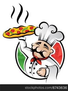 Pizza Chef. Illustration of an italian cartoon chef with a freshly baked pizza