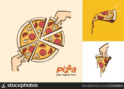 Pizza clipart. Large sliced pizza. Pizza in hand. Vector logos in cartoon style.