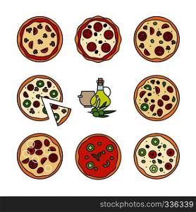 Pizza colorful line icons. Different pizza for pizzeria menu. Vector illustration. Different pizza line icons