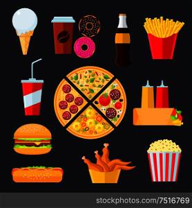 Pizza composed of different slices with vegetarian and meat toppings, surrounded byhamburger and hot dog, french fries and soda drink, coffee and fried chicken, popcorn and donuts, ice cream cone, tortilla with ketchup and mustard. Fast food menu drinks and desserts
