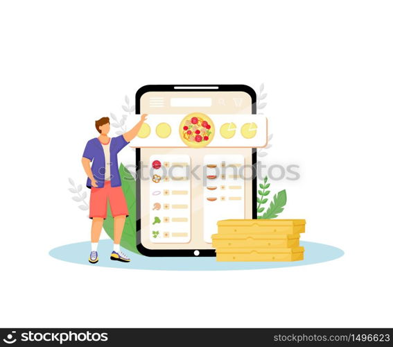 Pizza constructor, fast food online ordering flat concept vector illustration. Customer, man choosing ingredients 2D cartoon character for web design. Pizzeria internet service creative idea