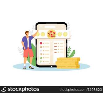 Pizza constructor, fast food online ordering flat concept vector illustration. Customer, man choosing ingredients 2D cartoon character for web design. Pizzeria internet service creative idea