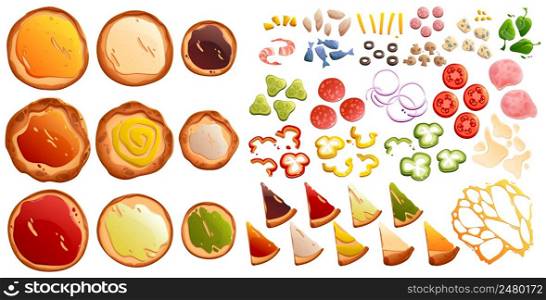 Pizza constructor, food creator with bases, toppings and ingredients for book of recipes, cooking class, Italian cafe or pizzeria menu design. Vegetable, cheese, sausages, seafood Cartoon vector set. Pizza constructor, food creator with ingredients