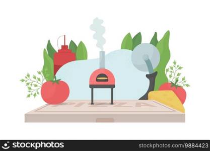 Pizza cooking flat concept vector illustration. Ingredients for italian dish. Pizzeria workplace, workplace. Cafe kitchen 2D cartoon scene for web design. Fast food preparation creative idea. Pizza cooking flat concept vector illustration