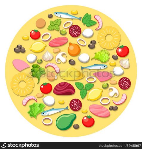 Pizza cooking ingredients. Pizza cooking ingredients. Vector pizza food elements round emblem with vegetables and tomato, pineapple and onion, ham portions on white background