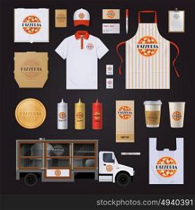Pizza Corporate Identity Template Design Set. Fast food restaurants chain corporate identity templates set with pepperoni pizza design on black background vector illustration