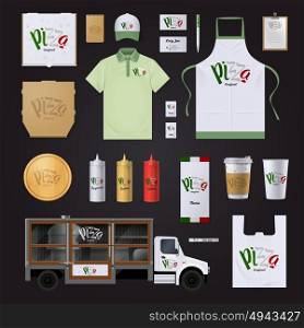 Pizza Corporate Identity Template Design Set. Italian pizza restaurants chain corporate identity templates in national flag colors collection on black background vector illustration