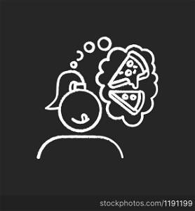 Pizza craving chalk icon. Woman thinking of fast food. Unhealthy treat. Appetite for italian cuisine. Margherita and pepperoni. Thought of junk food. Isolated vector chalkboard illustration