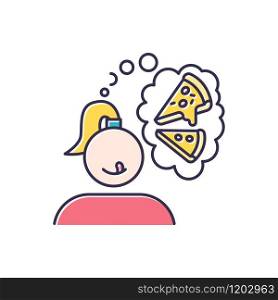 Pizza craving color icon. Woman thinking of fast food. Unhealthy treat. Appetite for italian cuisine. Girl want snack. Margherita and pepperoni. Thought of junk food. Isolated vector illustration
