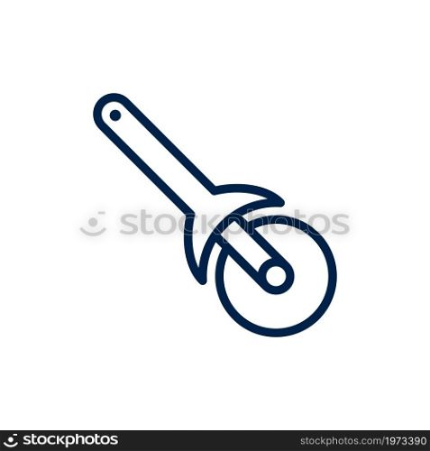 Pizza cutter knife icon steel kitchenware silver cooking equipment in flat style. Kitchen cutter icon for pizza sharp blade cook isolated on white background.