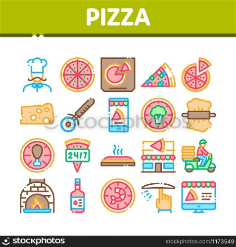 Pizza Delicious Food Collection Icons Set Vector Thin Line. Pizza With Seafood And Vegetable, With Chicken And Cheese, Cook And Delivery Concept Linear Pictograms. Color Contour Illustrations. Pizza Delicious Food Collection Icons Set Vector