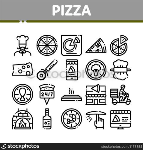 Pizza Delicious Food Collection Icons Set Vector Thin Line. Pizza With Seafood And Vegetable, With Chicken And Cheese, Cook And Delivery Concept Linear Pictograms. Monochrome Contour Illustrations. Pizza Delicious Food Collection Icons Set Vector