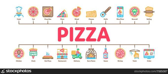 Pizza Delicious Food Minimal Infographic Web Banner Vector. Pizza With Seafood And Vegetable, With Chicken And Cheese, Cook And Delivery Concept Illustrations. Pizza Delicious Food Minimal Infographic Banner Vector