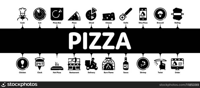 Pizza Delicious Food Minimal Infographic Web Banner Vector. Pizza With Seafood And Vegetable, With Chicken And Cheese, Cook And Delivery Concept Illustrations. Pizza Delicious Food Minimal Infographic Banner Vector