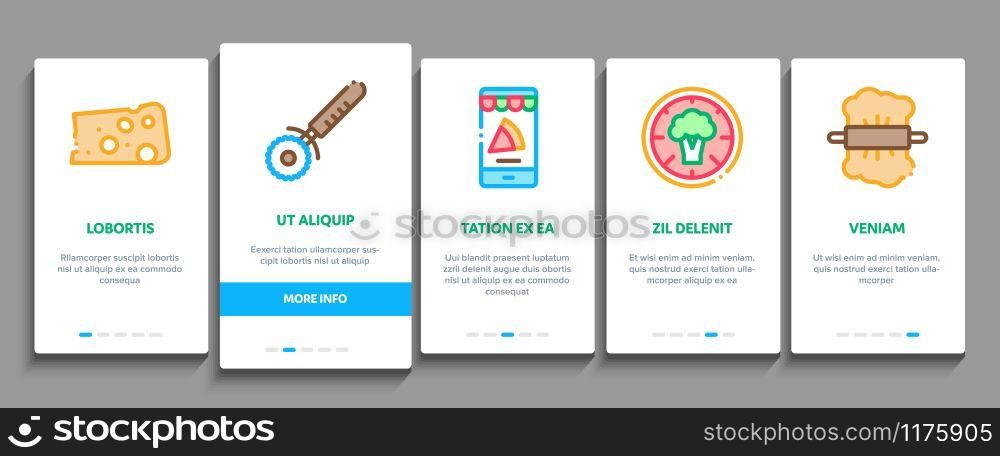 Pizza Delicious Food Onboarding Mobile App Page Screen Vector. Pizza With Seafood And Vegetable, With Chicken And Cheese, Cook And Delivery Concept Linear Pictograms. Color Contour Illustrations. Pizza Delicious Food Onboarding Elements Icons Set Vector
