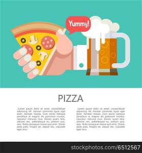 Pizza. Delicious pizza with sausage and mushrooms. Vector illust. Pizza. Delicious pizza with sausage and mushrooms. Triangular piece of pizza in hand. Vector illustration. Menu template with text space. Tasty. Beer mug.