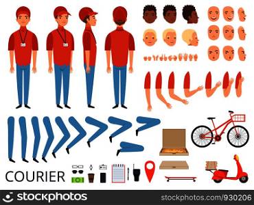 Pizza delivery animation. Fast food courier body parts with professional items box bike vector character creation kit. Courier creation kit hand and foot illustration. Pizza delivery animation. Fast food courier body parts with professional items box bike vector character creation kit