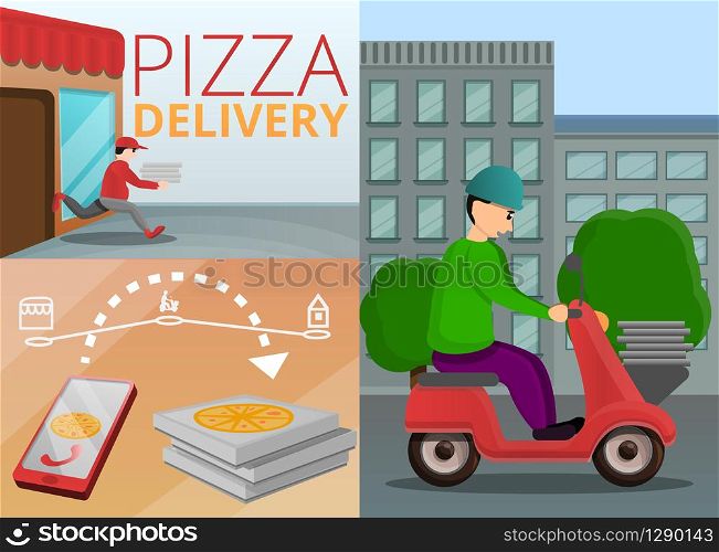 Pizza delivery banner set. Cartoon illustration of pizza delivery vector banner set for web design. Pizza delivery banner set, cartoon style
