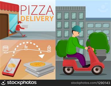 Pizza delivery banner set. Cartoon illustration of pizza delivery vector banner set for web design. Pizza delivery banner set, cartoon style