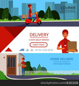 Pizza delivery banners. Fast food courier order moving mail shipping containers industry horizontal vector pictures for web. Illustration of pizza courier delivery, fast service banner. Pizza delivery banners. Fast food courier order moving mail shipping containers industry horizontal vector pictures for web