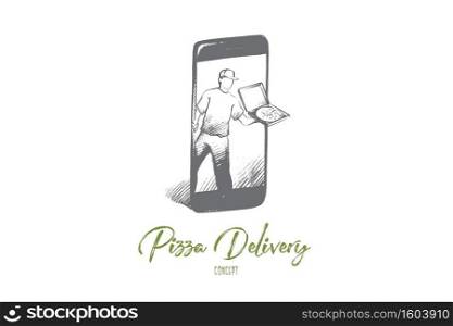 Pizza delivery concept. Hand drawn online pizza order with smartphone. Fast food delivery online service isolated vector illustration.. Pizza delivery concept. Hand drawn isolated vector.