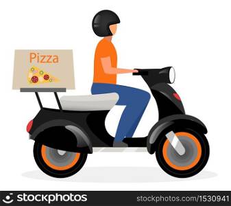 Pizza delivery flat vector illustration. Man driving scooter with food parcel cartoon character isolated on white background. Courier riding motorcycle, motorbike delivering pizzeria restaurant order