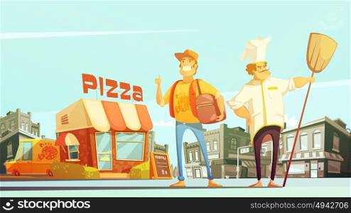 Pizza Delivery Illustration. Pizza delivery flat vector illustration in cartoon style with chef courier yellow minibus for delivery and pizzeria at town landscape