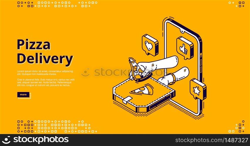 Pizza delivery isometric landing page. Mobile app, online service for order fast food and junk meals. Human hands giving box with fastfood from smartphone screen, 3d vector line art, web banner. Pizza delivery isometric landing page, fast food