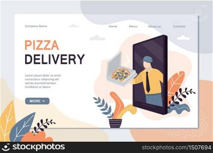 Pizza delivery landing page template. Order italian food from restaurant or pizzeria. Mobile app and deliveryman with pizza. Buying ready-made meals online concept background. Trendy vector illustration