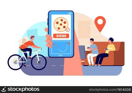 Pizza delivery man. Boy on bicycle with food boxes, ride to customers. Smartphone app for track order tracking online vector concept. Illustration courier with pizza, delivery service. Pizza delivery man. Boy on bicycle with food boxes, ride to customers. People play video game and wait dinner. Smartphone app for track order tracking online vector concept
