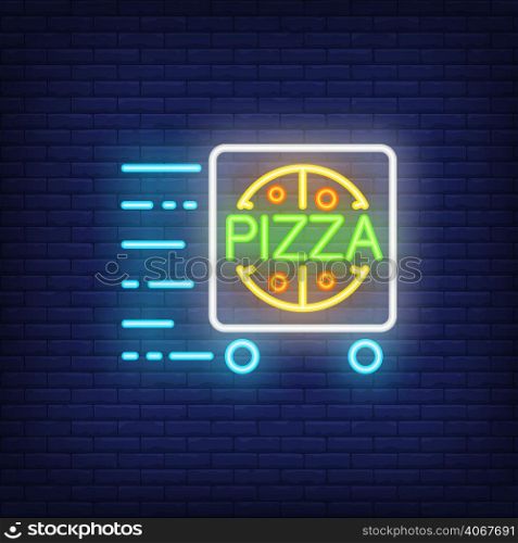 Pizza delivery neon sign with cart in motion. Night bright advertisement. Vector illustration for pizzeria service, fast food restaurant, cafe, diner