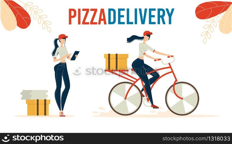 Pizza Delivery Online Service Trendy Flat Vector Advertising Banner, Poster Template with Fast Food Cafe Crew Worker Accepting, Checking Clients Orders, Delivering Pizza Boxes on Bicycle Illustration