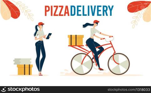 Pizza Delivery Online Service Trendy Flat Vector Advertising Banner, Poster Template with Fast Food Cafe Crew Worker Accepting, Checking Clients Orders, Delivering Pizza Boxes on Bicycle Illustration