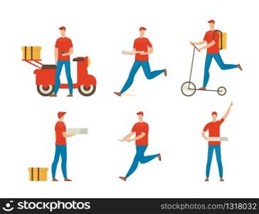 Pizza Delivery Service Courier at Work Trendy Flat Isolated Vectors Set. Fast Food Restaurant or Cafe Deliveryman in Uniform Hurrying, Running with Box, Riding Scooter, Delivering Order Illustrations