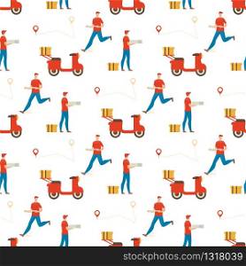 Pizza Delivery Service Trendy Flat Vector Seamless Pattern. Fast Food Restaurant Deliveryman in Uniform, Running While Delivering Order, Motor Scooter with Container Illustration on White Background