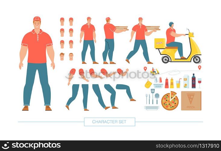 Pizza Delivery Service Worker Character Constructor Trendy Flat Vector Isolated Design Elements Set. Restaurant Deliveryman in Various Poses, Body Parts, Emotion Expressions, Cafe Food Illustration