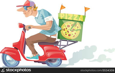 Pizza Delivery. The pizza delivery boy in a baseball cap is riding the retro scooter.