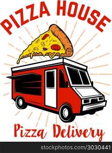 Pizza delivery track. Design element for logo, label, emblem, sign. Vector image. Pizza delivery track. Design element for logo, label, emblem, sign.