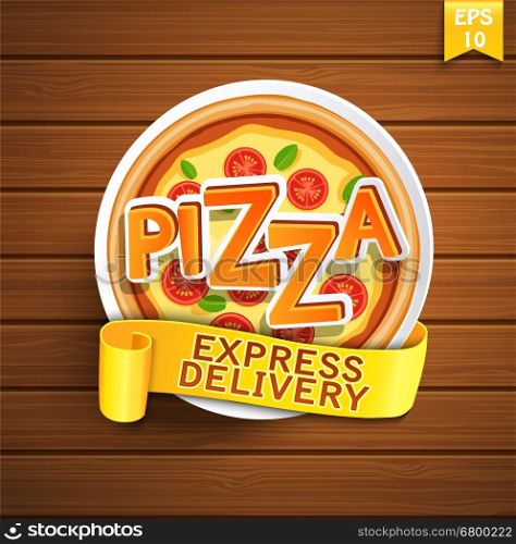Pizza design template, sticer on the wood background, vector.