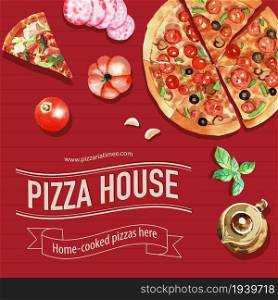 Pizza design with tea pot, salami, tomato watercolor illustration