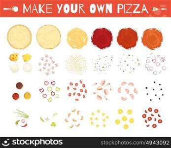 Pizza Elements Cartoon Style Set. Set of pizza elements in cartoon style with dough vegetables cheese and meat sauces isolated vector illustration
