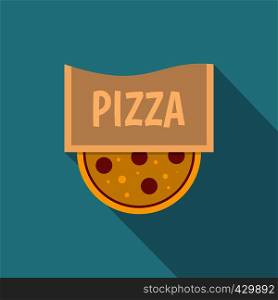 Pizza emblem for pizzeria icon. Flat illustration of pizza emblem for pizzeria vector icon for web isolated on baby blue background. Pizza emblem for pizzeria icon, flat style