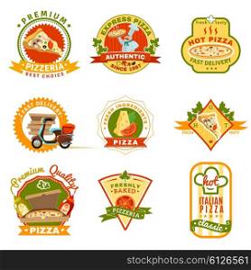 Pizza Emblems Set . Pizza emblems set with fresh ingredients and premium quality symbols cartoon isolated vector illustration